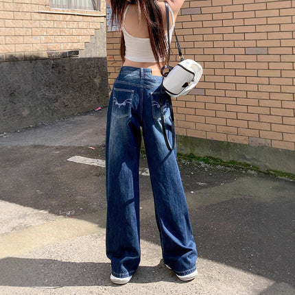 Dark Blue American Wide-Leg Jeans for Women 2025 New High-Waist Slimming Embroidered Loose Floor-Length Straight Pants Trendy