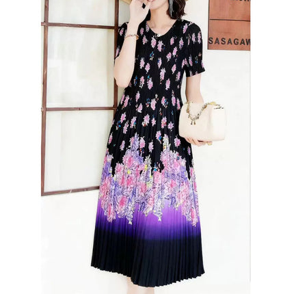 Miyake pleated 2025 summer new temperament round neck printed pleated skirt fashion waist thin magic dress