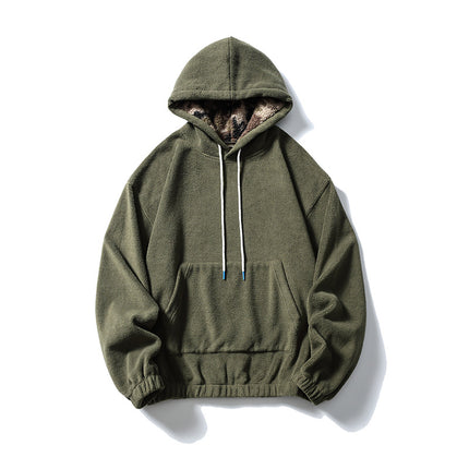 Black Fleet American Casual Style Unisex Versatile Hooded Warm Top Couple Style Hiking Fleece Solid Color Sweatshirt