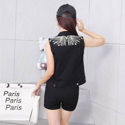 Denim Suit for Women 2025 New Heavy-Duty Rivet Tassel Sequin Slim Short Vest + Shorts Two-Piece Trendy Set