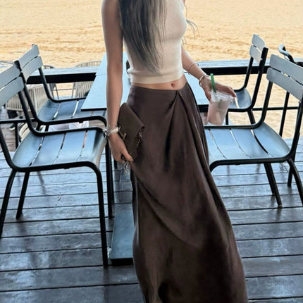 Eae Custom-Dyed Brown Coffee-Colored Cupro Silk Pleated Design, Elegant and Skin-Friendly, with a Draping Effect, Straight Long Skirt
