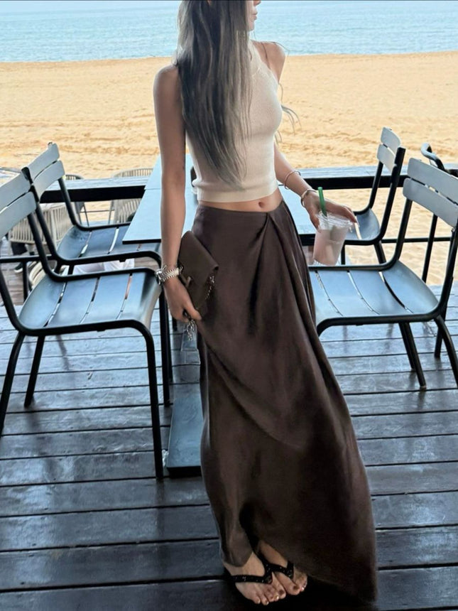 Eae Custom-Dyed Brown Coffee-Colored Cupro Silk Pleated Design, Elegant and Skin-Friendly, with a Draping Effect, Straight Long Skirt