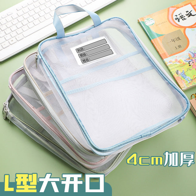 L-Shaped Satchel Subject Bag, Transparent File Storage Bag, Multi-Layer Zipper Mesh Large Opening Handbag, Book Bag