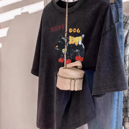 Plus Size Washed Distressed T-Shirt Short-Sleeved Women's New American Retro Loose Slim Couple Versatile Half-Sleeved Top Trendy