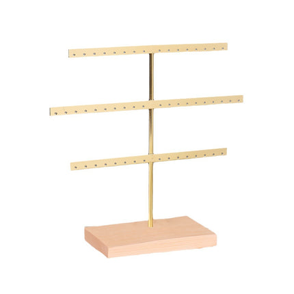 Solid Wood Iron Earrings Display Rack Golden Vertical Three-Layer 52 Hole Golden Earrings Storage Rack Earrings Display Rack