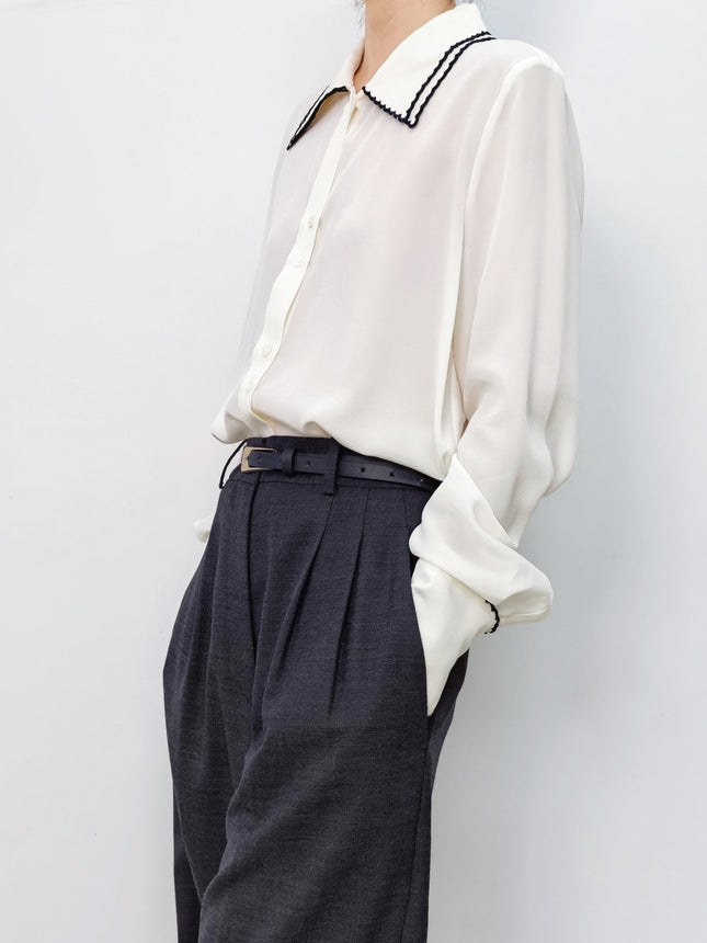 Special Offer: Commuter Ol Double-Layer Color-Block Embroidered Collar Long-Sleeve Silk Shirt for Women, Beige Vintage Washed Mulberry Silk Blouse