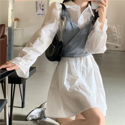 White dress Spring Thin 2025 New Vintage French Style Waist Design Long Sleeve Polo Collar Dress for Women