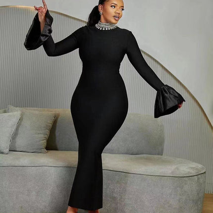 European and American Bandage dress Cross-border New Round Neck Nail Drill Horn Sleeve Temperament Waist Long Sleeve Women's Split Long Dress