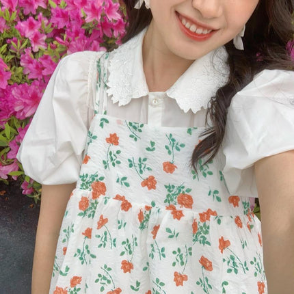 Suit for Women Summer Korean Style Puff Sleeve Shirt + Double Shoulder Strap Floral Skirt Energetic Girl Doll Suspender Skirt Two-Piece Set