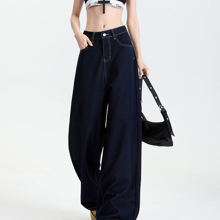 Denim Blue Wrinkle-Resistant Non-Iron Straight-Leg Jeans for Women, New Spring/Summer Style, Drapey Lazy Style Wide-Leg Casual Pants