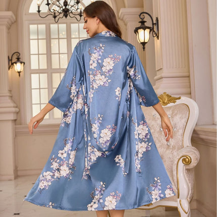 Amazon Simple Women's Four Seasons Home Clothes Nightgown Nightgown Two-Piece Set Thin Outer Wear Mid-Length Pajamas suit
