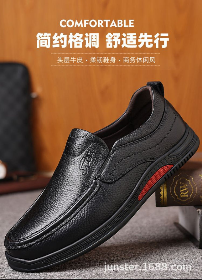 Men's First Layer Cowhide Shoes Spring Genuine Leather Men's Casual Shoes Slip-on Middle-aged Non-slip Soft Bottom Dad's Car-driving Shoes