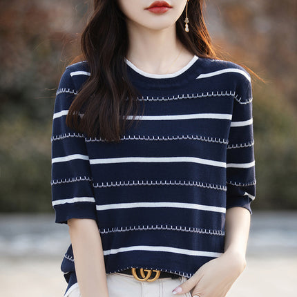 Summer New Stripesd Knitted Short-Sleeved Round Neck Loose Pullover T-Shirt Andy Velvet Women's Top Drop Shipping