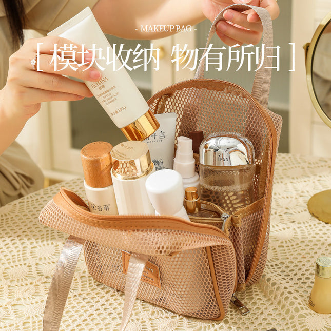 Cross-Border New Product Mesh Large-Capacity Cosmetic Bag for Women, Multi-Functional Partitioned Travel Toiletry Storage Bag, Portable
