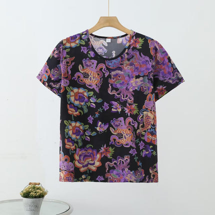 Retro Style Cotton Short-sleeved Women's Middle-aged and Elderly Mother's Vest Printed Outer Wear Base-layer Shirt All-match Artificial Cotton Top