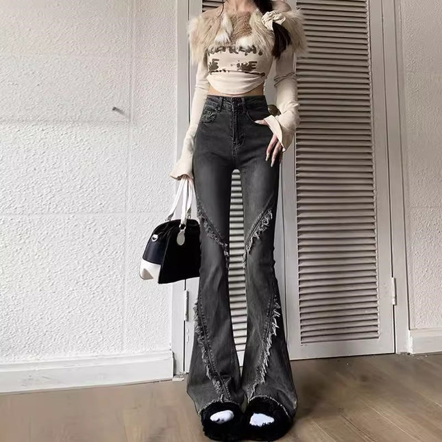 Black Grey Weakly Lamb Jeans Women's Trendy All-match New High Waist Slim-fit Rust Design Sense Horseshoe Trumpet Long Pants