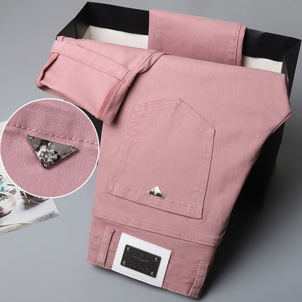 Hong Kong Summer New Lotus Root and Pink Jeans Men's Trendy Brand Embroidered Korean Fashionable High-end Light Luxury Slim-fit Leggings