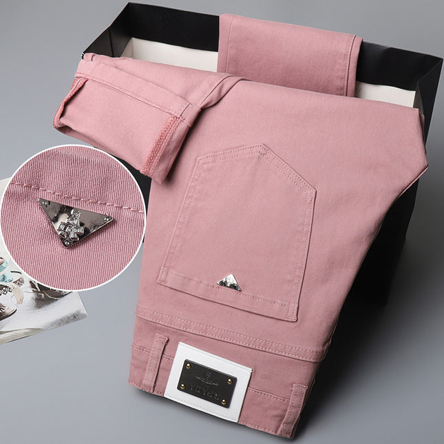 Hong Kong Summer New Lotus Root and Pink Jeans Men's Trendy Brand Embroidered Korean Fashionable High-end Light Luxury Slim-fit Leggings