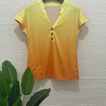 European and American Cross-Border 2024 Export Spring and Summer New Products Amazon Wish Gradient Printed Twist Button Fashion Short-Sleeved T-Shirt for Women