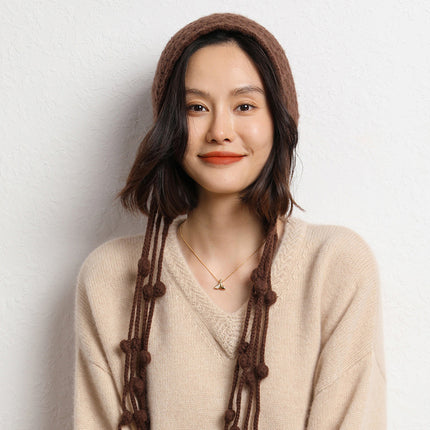 Handmade Fashionable Dirty Braid Ball Tassel Thickeneded Warm Cashmere Knitted Cut Out Toe Cap Ear Protection Hat Autumn and Winter