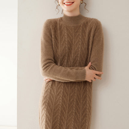 Fashionable New Style Half-High Collar Cable-Knit Cashmere Dress for Women, Plus Size, Autumn and Winter New Mid-Length Sweater Dress