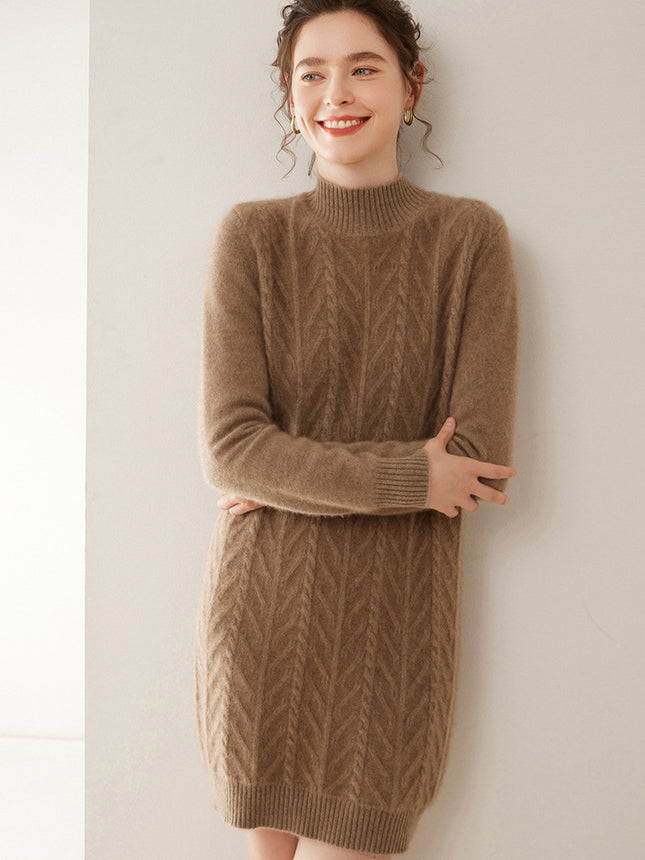 Fashionable New Style Half-High Collar Cable-Knit Cashmere Dress for Women, Plus Size, Autumn and Winter New Mid-Length Sweater Dress