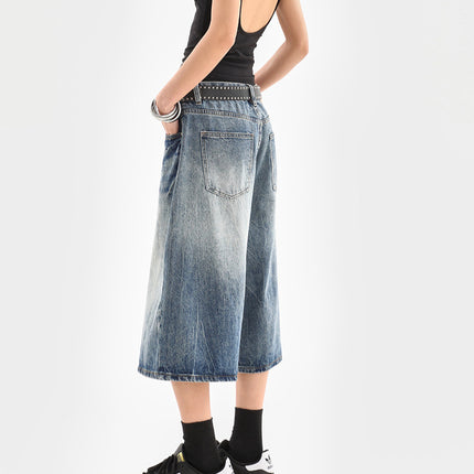 American-Style Ice Blue Lightning Crackle Denim Shorts for Women, New Summer Loose Trendy Brand Straight Cropped Casual Pants