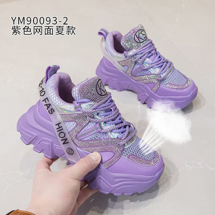 2026 Spring and Autumn Style Dad Shoes, Internet Celebrity Rhinestone Breathable Genuine Leather Shoes for Petite People, Popular Purple Thick-Soled Sports Shoes, Trendy on Instagram