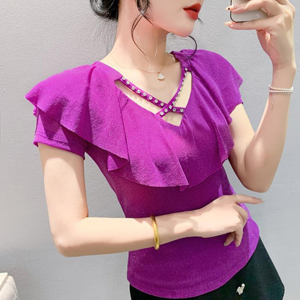 Real Shot Summer New Style Mesh Short Sleeve Chic V-Neck Cross Hollow Nail Drill plus size Women's Fashion Western Style Top T