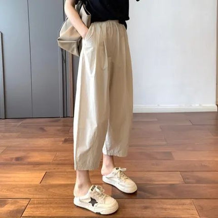 Japanese-Style High-Waisted Straight-Leg Cargo Pants for Women, Summer Thin 2025 New Cropped Carrot Pants, Loose Casual Wide-Leg Pants