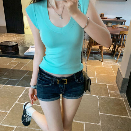 Lyocell Tencel Elegant Mint Green V Neck Right Shoulder Sleeveless Knitwear Women's Summer Pure Desire Slim Versatile Top