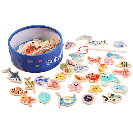 Magnetic Wooden Barrel Marine Fishing Toy Children's Early Education Educational Cognitive Fun Boys and Girls Parent-Child Games