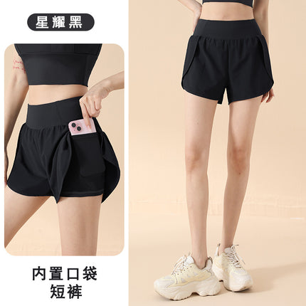 2026 Fake Two-Piece High-Waisted Hip-Lifting Sports Shorts for Women, Anti-Exposure Side Pockets, Loose Fit for Running, Fitness, and Yoga