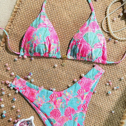Highly Elastic Shell-Shaped Random Print Bikini Set with Metal Shell Decoration, Suitable for the Beach