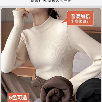 Autumn and Winter Knitted Base Shirt Half-turtleneck fleece-lined Thickened Warm Slim-fit Outer Wearing All-match Inner Top