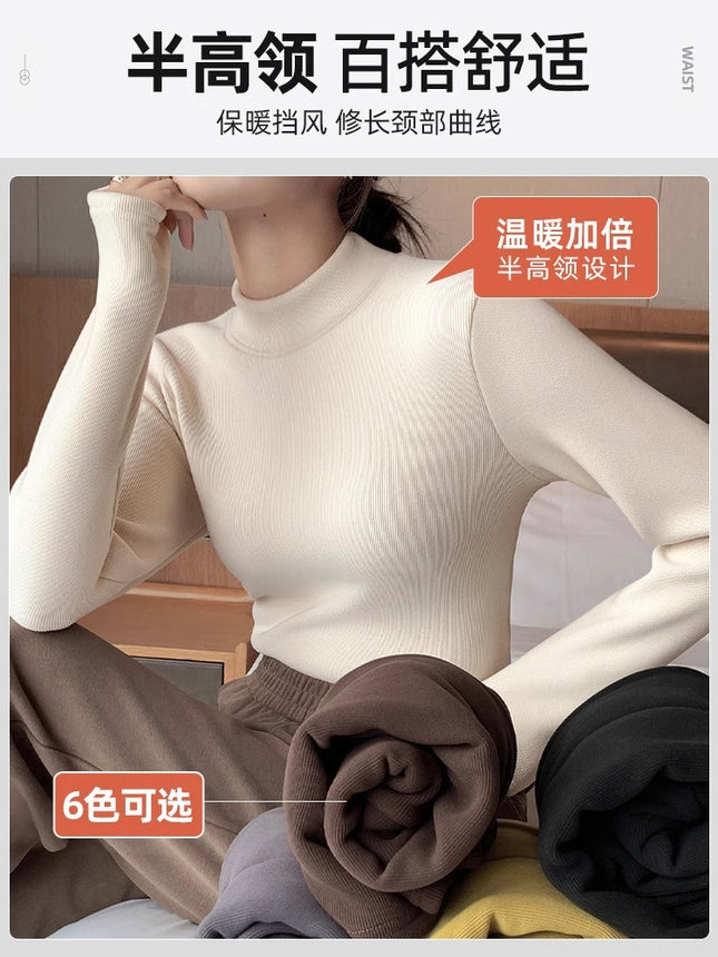 Autumn and Winter Knitted Base Shirt Half-turtleneck fleece-lined Thickened Warm Slim-fit Outer Wearing All-match Inner Top