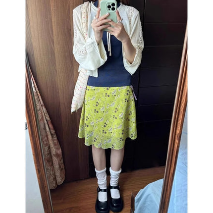 plus size chubby girl Designing Green Floral Lace-Up Skirt Women's Summer New Arrival Printed A- Line Short Skirt Medium Skirt