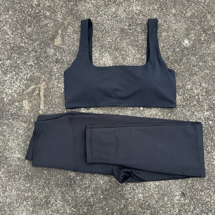 Solid Color Women's Yoga Set with Square Neck Hollow-Out Beautiful Back Sports Bra + High-Waisted Naked-Feel Tight Yoga Fitness Pants