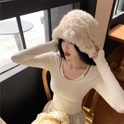 Maillard Spice Girls Fake Two-piece Long-sleeved T-shirt Women's Chunchun Chic Sling Neck Wooden Edge Slim-fit Slimming Top