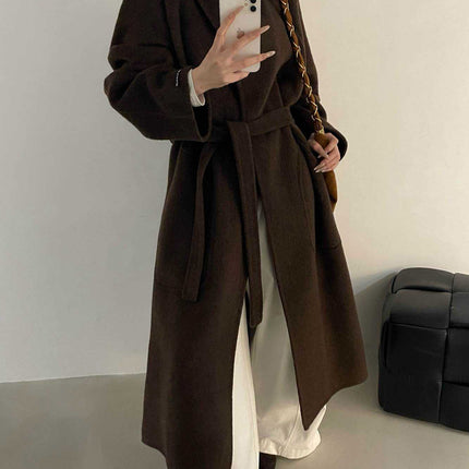 New Stand Collar Elegant Commuter Style Double-Sided Wool Coat for Women, Alpaca Wool, Extended Loose Version, Thickened Woolen Jacket