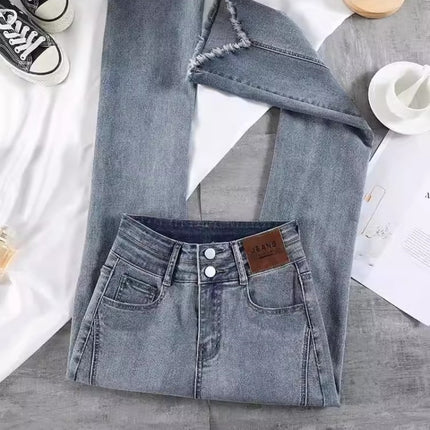 Vintage Blue Micro La Jeans Women's Autumn 2024 Fashionable All-match New High Waist Slimming Fur-edged Horseshoe Pants