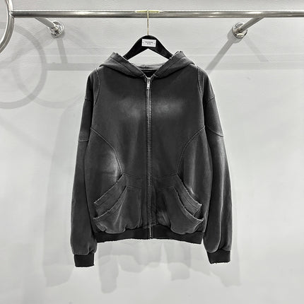 Men's Hoodie Jacket 2025 Autumn/Winter Heavy-Duty Washed and Distressed Punk Style Deep Gray Zip Pocket Hoodie