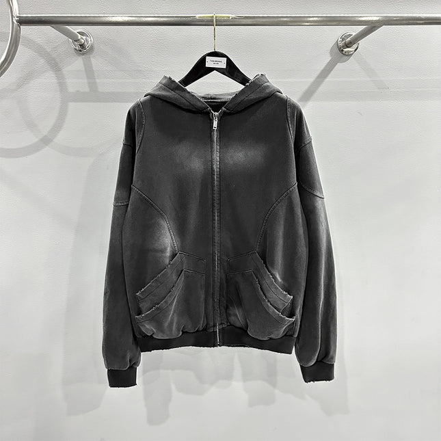Men's Hoodie Jacket 2025 Autumn/Winter Heavy-Duty Washed and Distressed Punk Style Deep Gray Zip Pocket Hoodie
