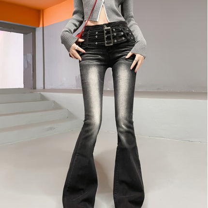Vintage Gradient Flared Jeans for Women, Autumn Design, American Style, High-Waisted, Stretchy, Slim-Fit, Floor-Length Pants