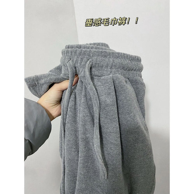 Lazy Gray Towel Pants Thickeneded and Velvet 2025 Autumn and Winter Loose Slimming Look Small Soft Waxy Wide Leg Pants for Women