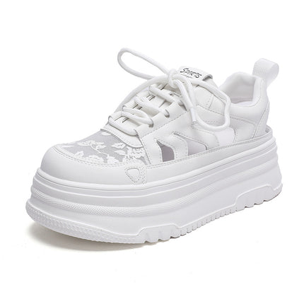 Genuine Leather Lace Mesh White Sneakers 2026 Summer New Thick-Soled Hollow-Out Versatile Trendy Sports Casual Sneakers for Women