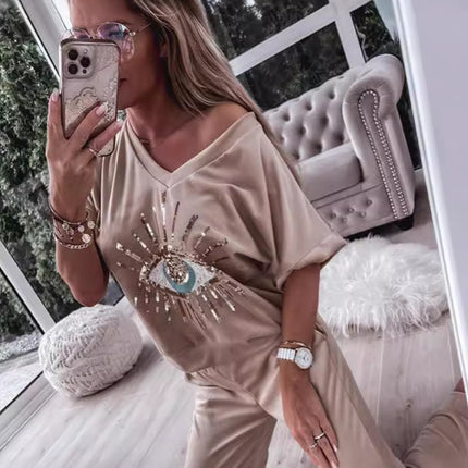 2024 European and American Cross-Border Foreign Trade Women's Summer Evil Eye Sequin Pattern Short-Sleeve Long Pants Set European and American Style