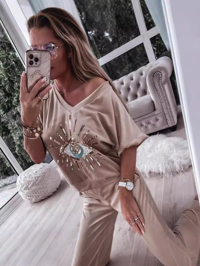 2024 European and American Cross-Border Foreign Trade Women's Summer Evil Eye Sequin Pattern Short-Sleeve Long Pants Set European and American Style