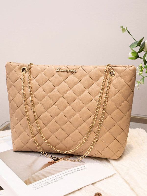 Diamond Embroidery Large-Capacity Tote Bag 2025 New Model Solid Color Chain Hardware Letter Decoration Magnetic Buckle Shoulder Bag