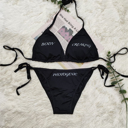 European and American Export Swimsuit Pure Color Bikini Two-Piece Sexy Beach Bikini Female Black Letter Simple Female